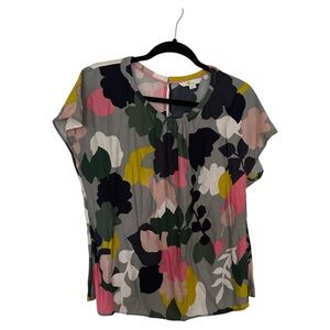 Boden Grey Floral Abstract whimsical Short Sleeve Blouse Top Pink Yellow size 14